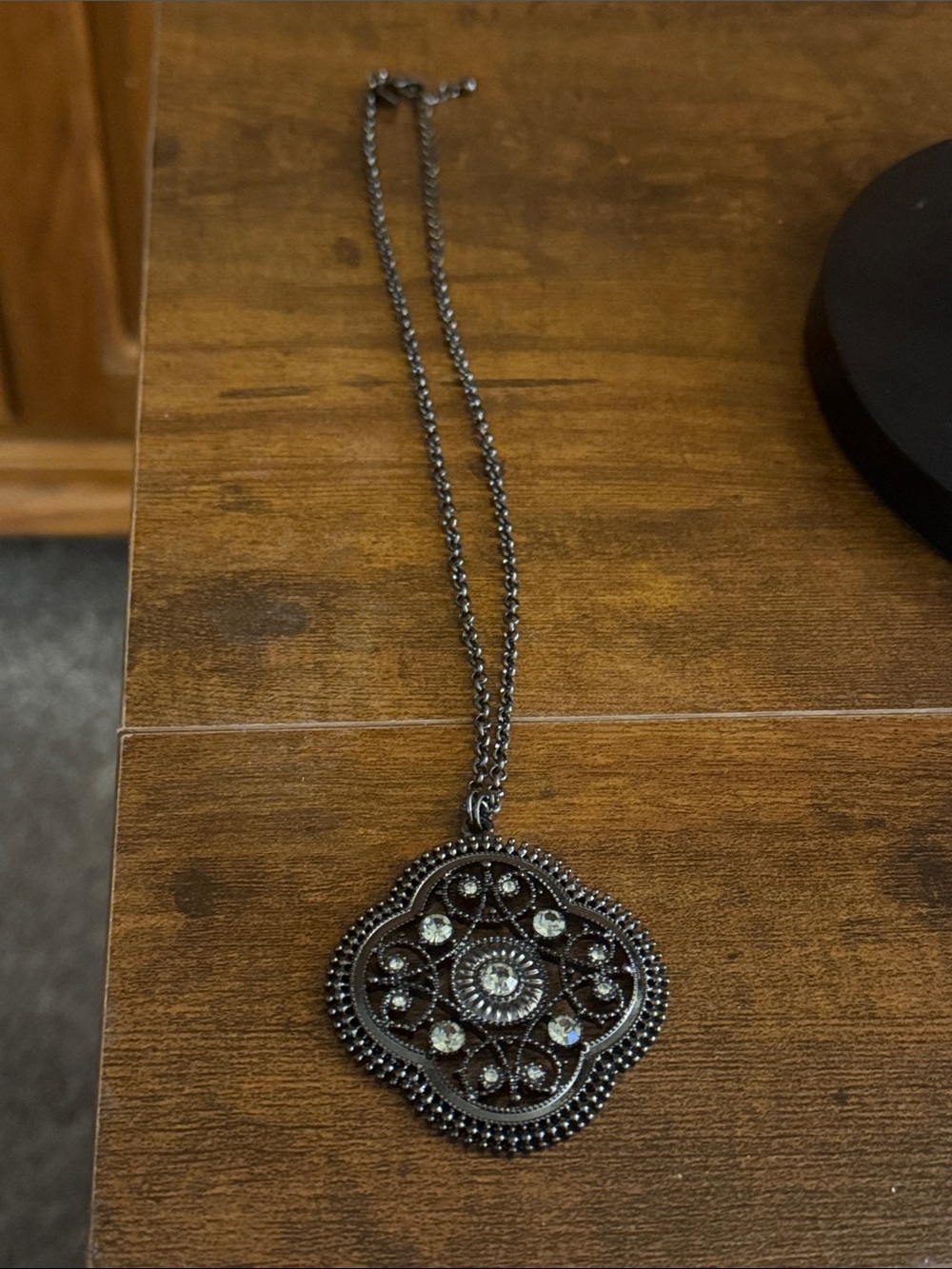 Express Gunmetal Filigree Pendant Necklace with Clear Crystals